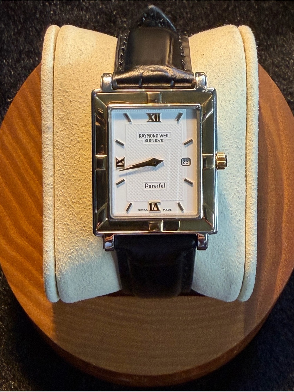 Raymond Weil Men’s Silver Case Watch with Black Leather Strap and White Dial